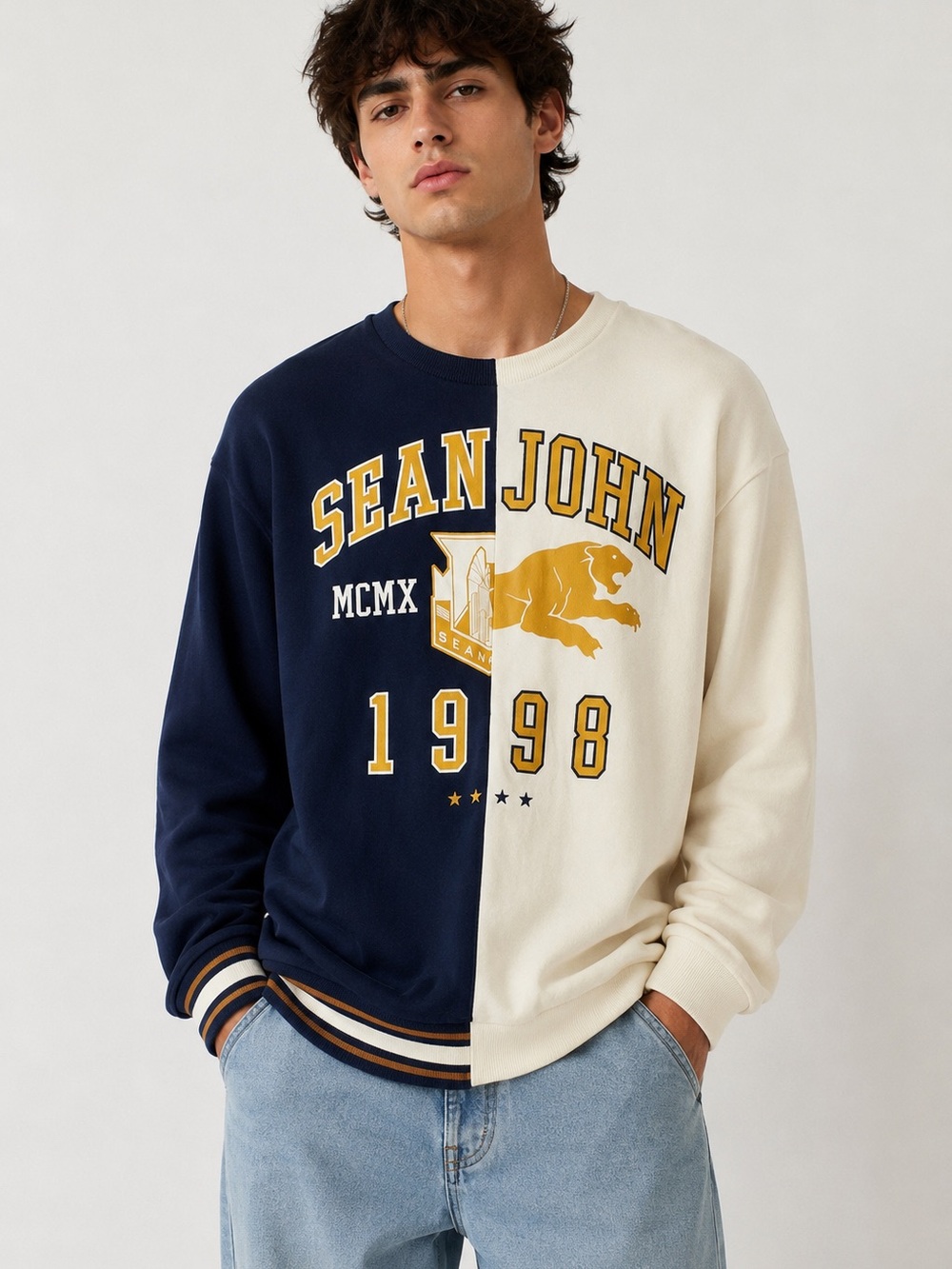 Sean John Split Navy and Cream Crewneck with Gold‎ Varsity Logo